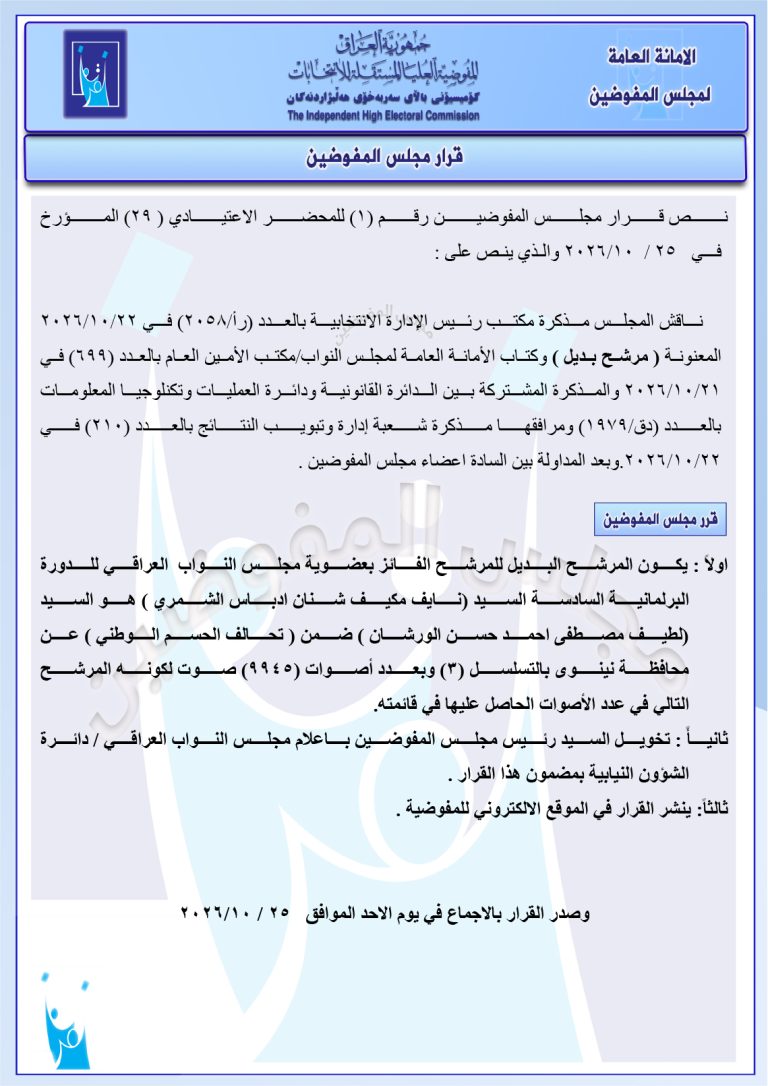 قرار مجلس المفوضيـن رقم (1) للمحضر الاعتيادي (29) المـؤرخ فـــي 2026/10/25