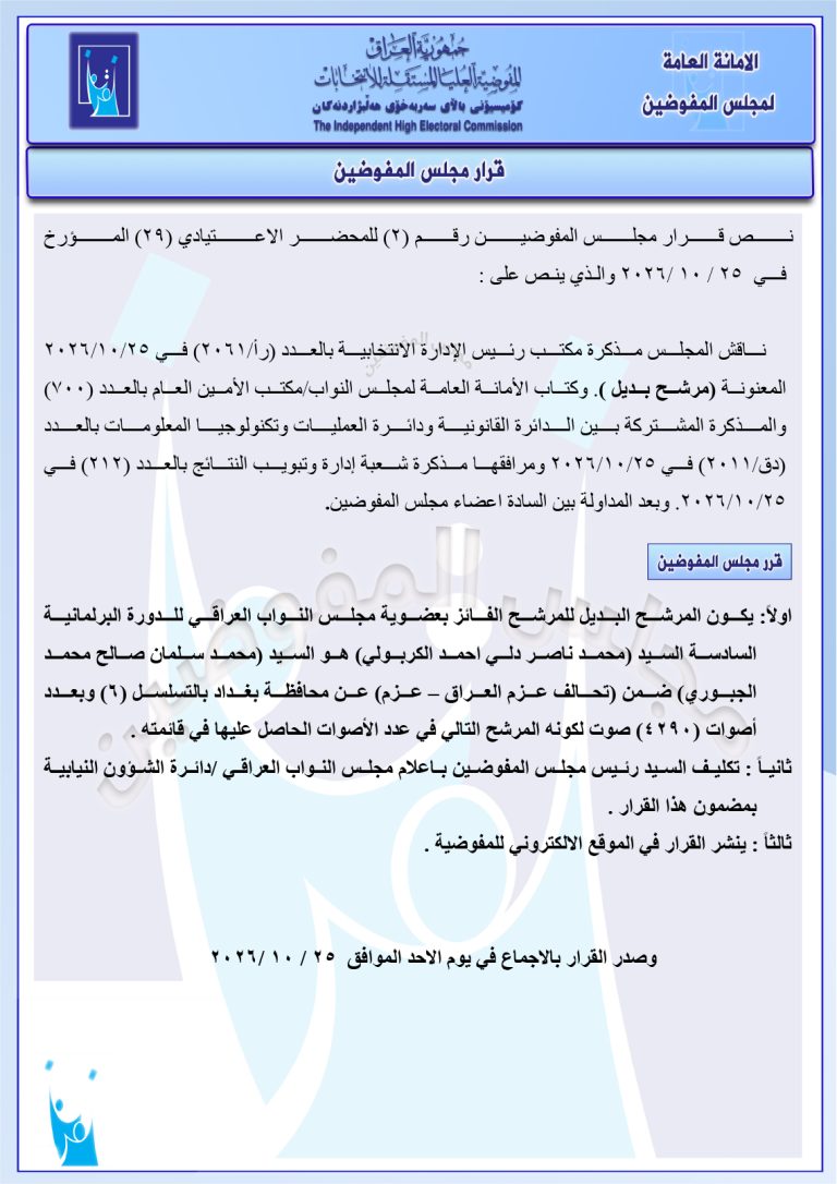 قرار مجلس المفوضيـن رقم (2) للمحضر الاعتيادي (29) المـؤرخ فـــي 2026/10/25