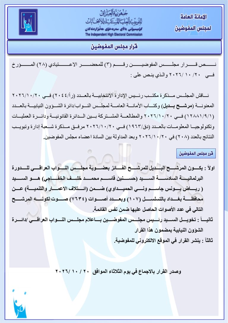 قرار مجلس المفوضيـن رقم (3) للمحضر الاعتيادي (28) المـؤرخ فـــي 2026/10/20