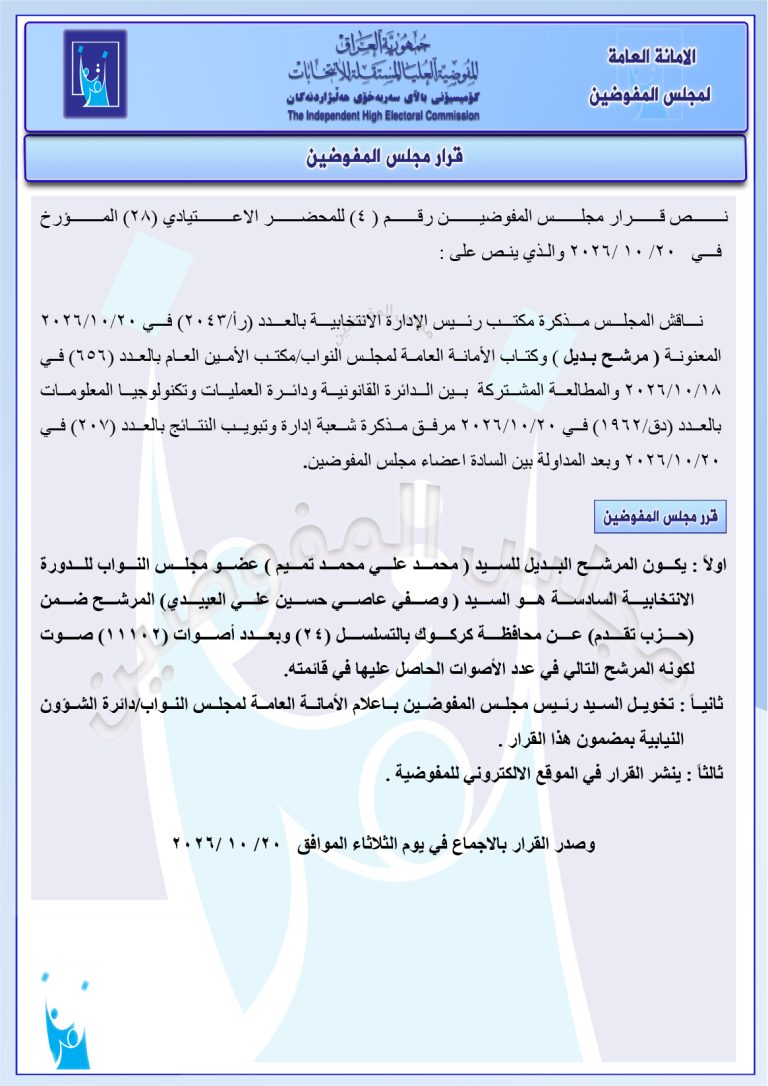 قرار مجلس المفوضيـن رقم (4) للمحضر الاعتيادي (28) المـؤرخ فـــي 2026/10/20